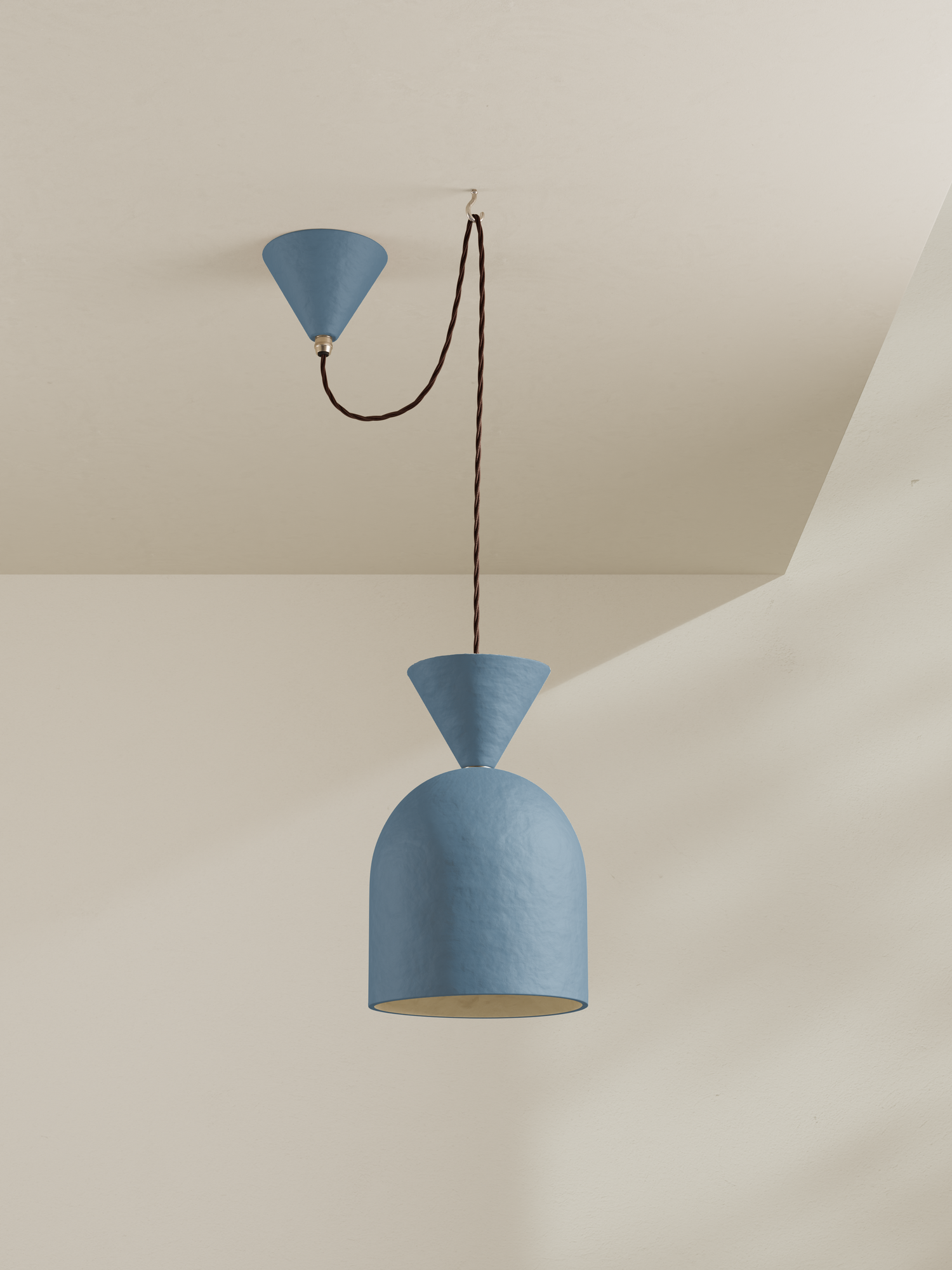 Bell Pendant ceiling light made of hand-painted paper pulp in dusky blue with matching ceiling rose