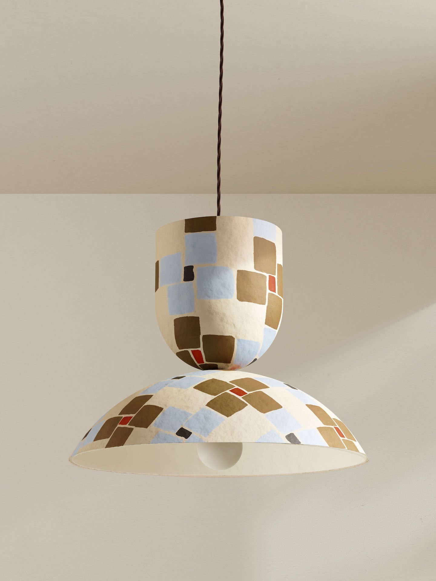 Buoy pendant, a large ceiling light made of paper pulp and hand-painted in cream mosaic Frieze pattern