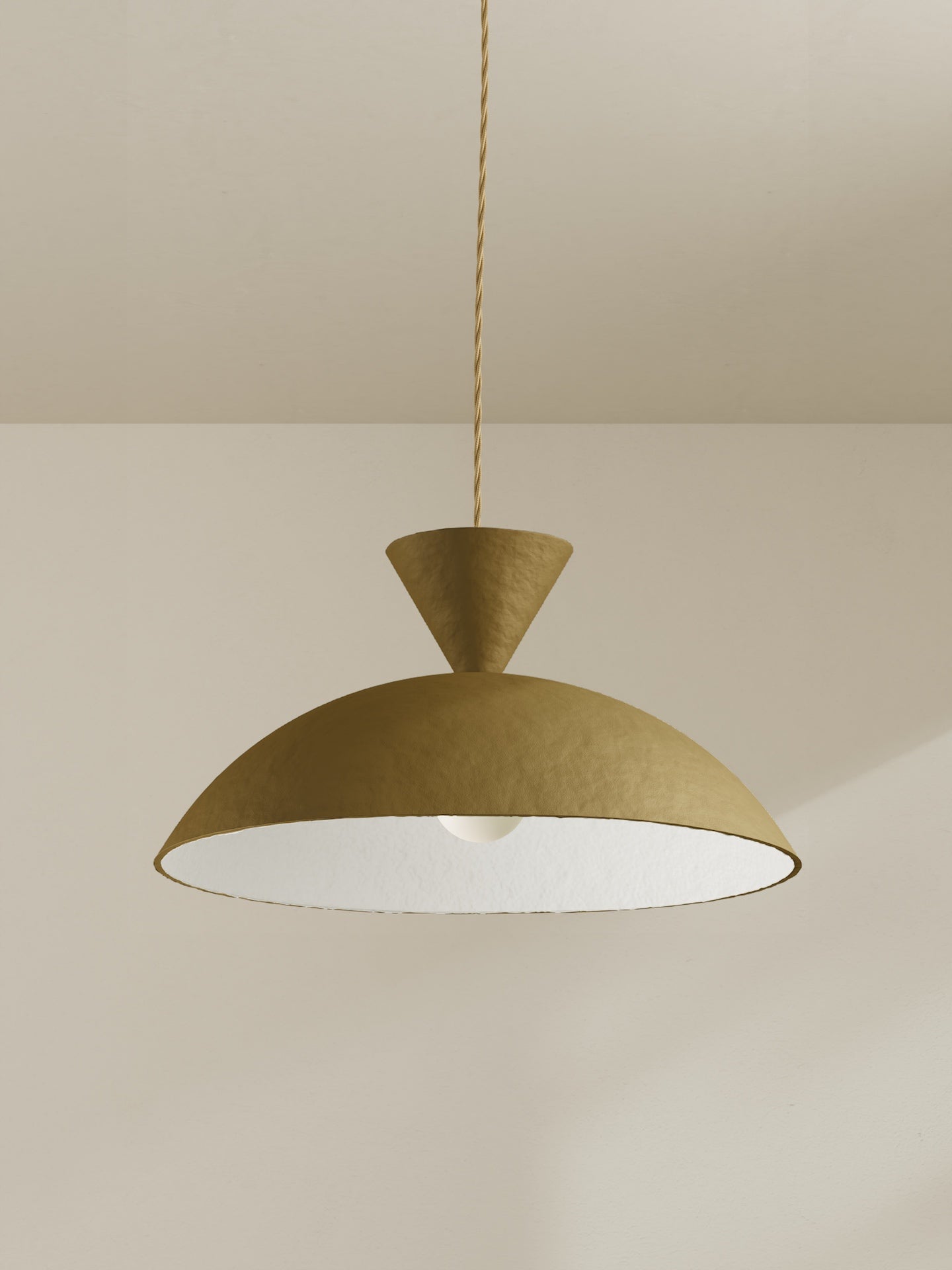 Cloche pendant, a ceiling light with a wide domed shade, made of paper pulp and hand-painted in muddy brown/green