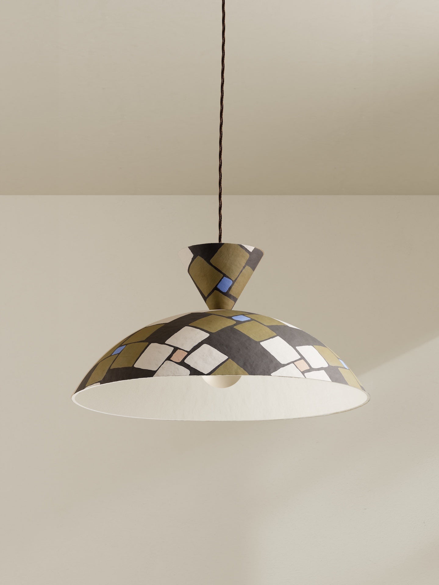 Cloche pendant, wide domed ceiling light made of paper pulp, hand-painted in dark brown mosaic Frieze pattern
