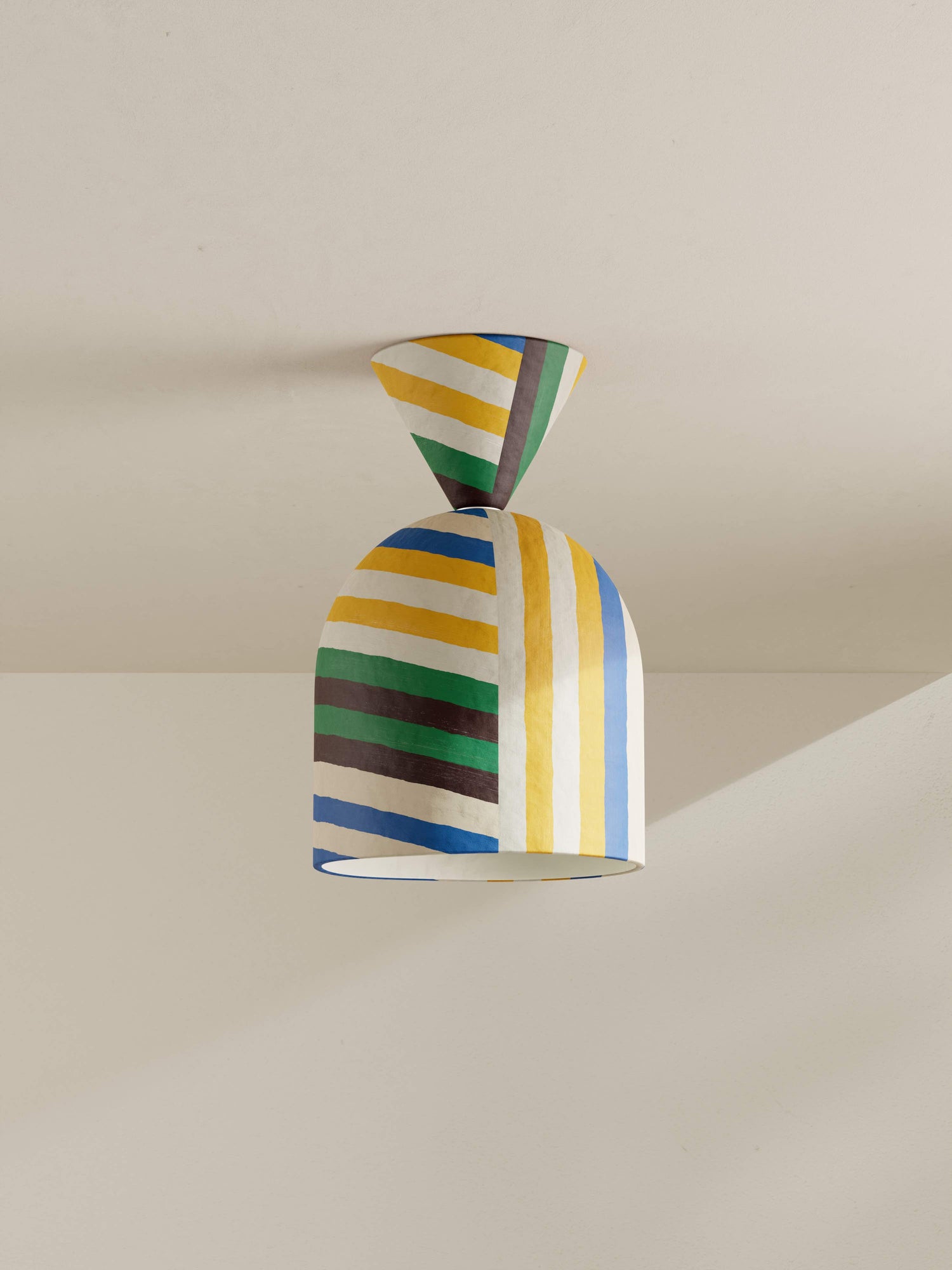 Bell Surface Mount ceiling light made for 8 Holland Street, in Bonbon pattern with multi-directional colourful stripes