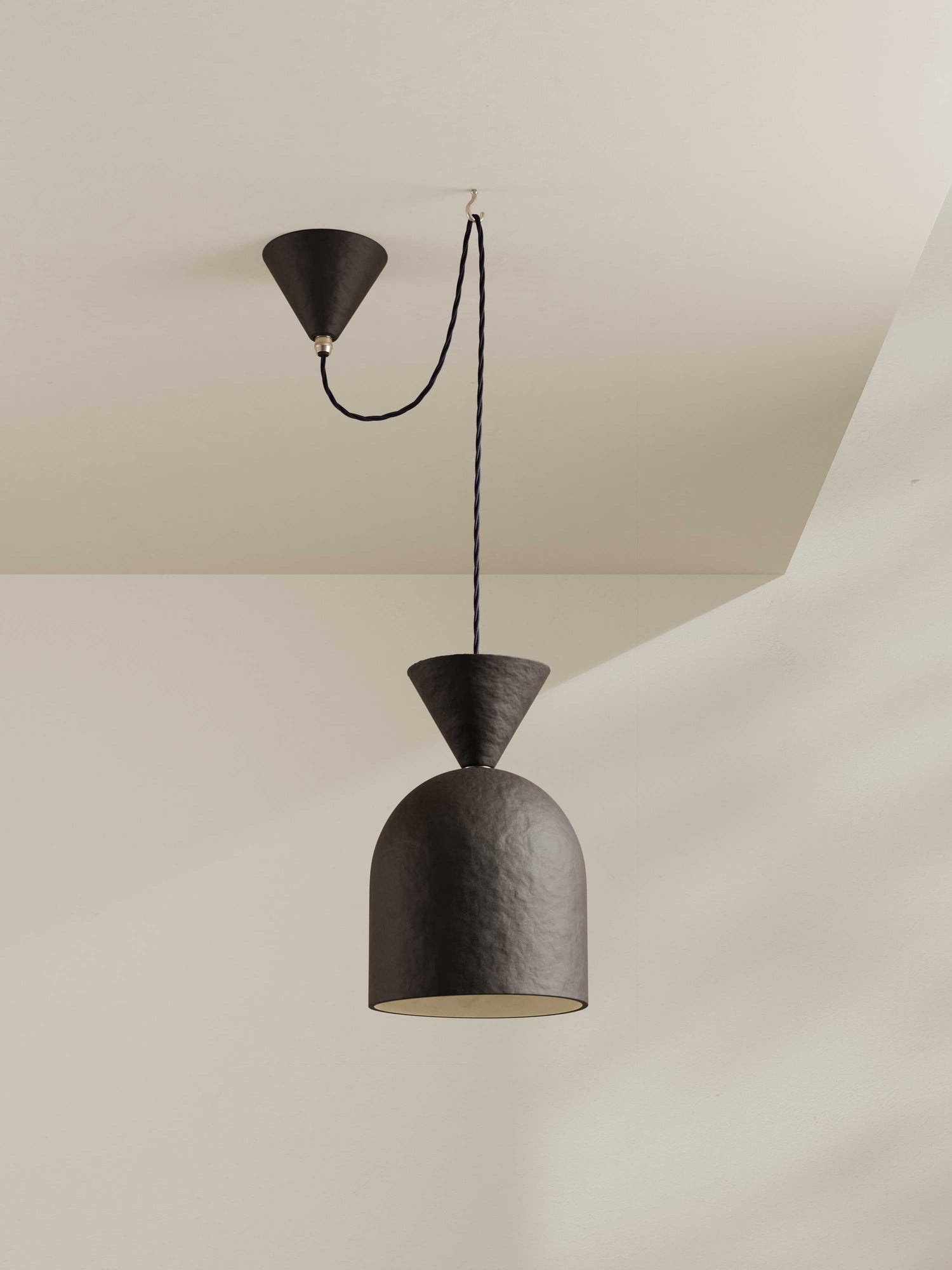 Bell Pendant ceiling light made of hand-painted paper pulp in dark brown with matching ceiling rose