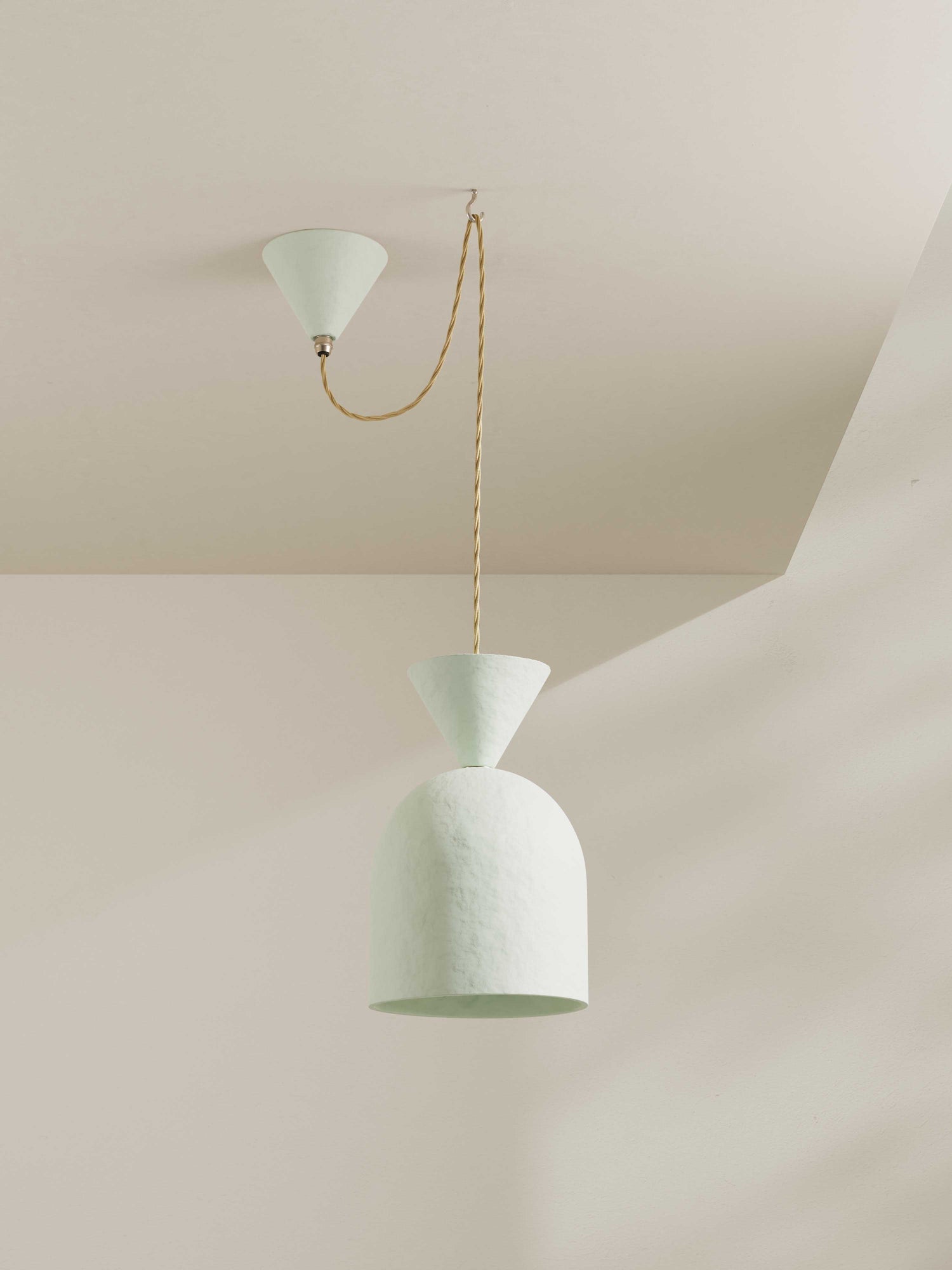 Bell Pendant ceiling light made of hand-painted paper pulp in off-white with matching ceiling rose