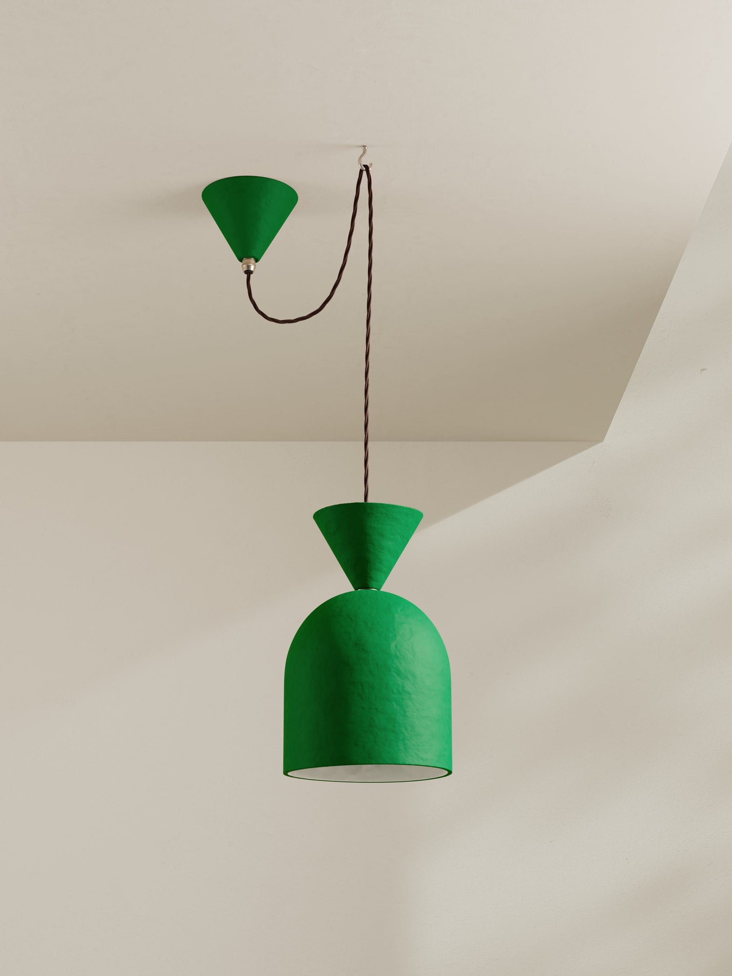 Bell Pendant ceiling light made for 8 Holland Street, crafted from hand-painted paper pulp in vibrant palm green.