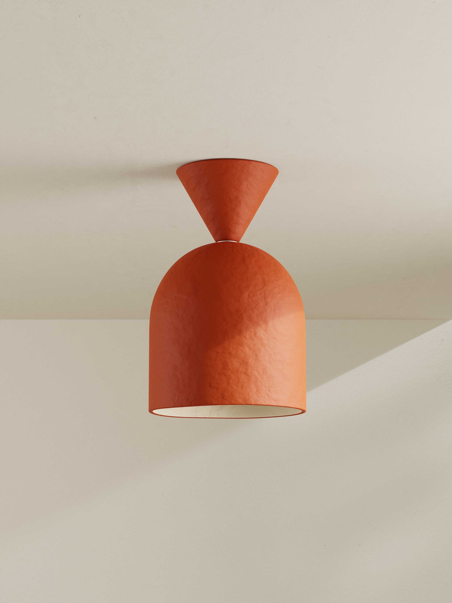 Bell Surface Mount ceiling light made of paper pulp and hand-painted in orange/red