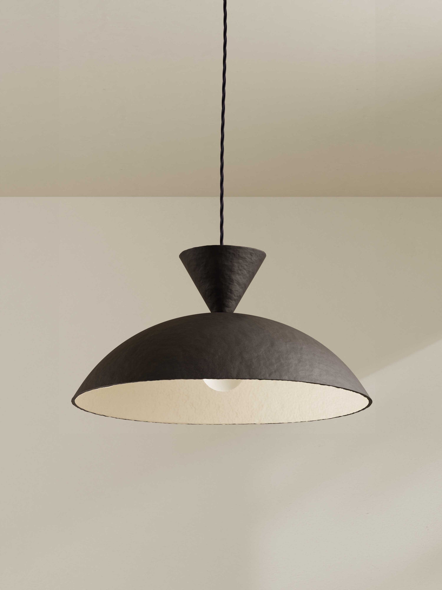 Cloche pendant, a ceiling light with a wide domed shade, made of paper pulp and hand-painted in dark brown
