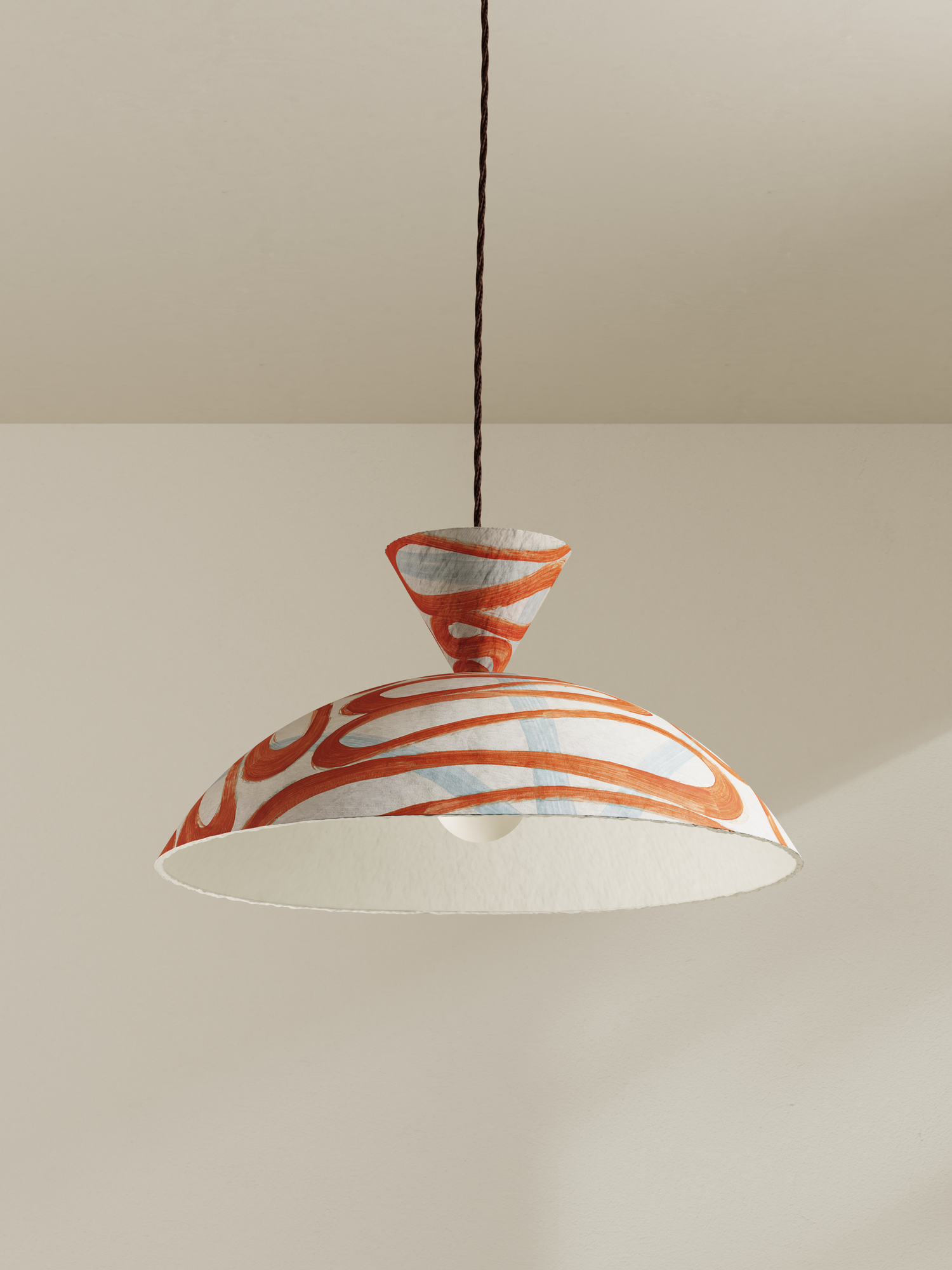 Cloche pendant,  a paper pulp ceiling light with a wide domed shade, hand-painted in swirling orange/red Serpent pattern