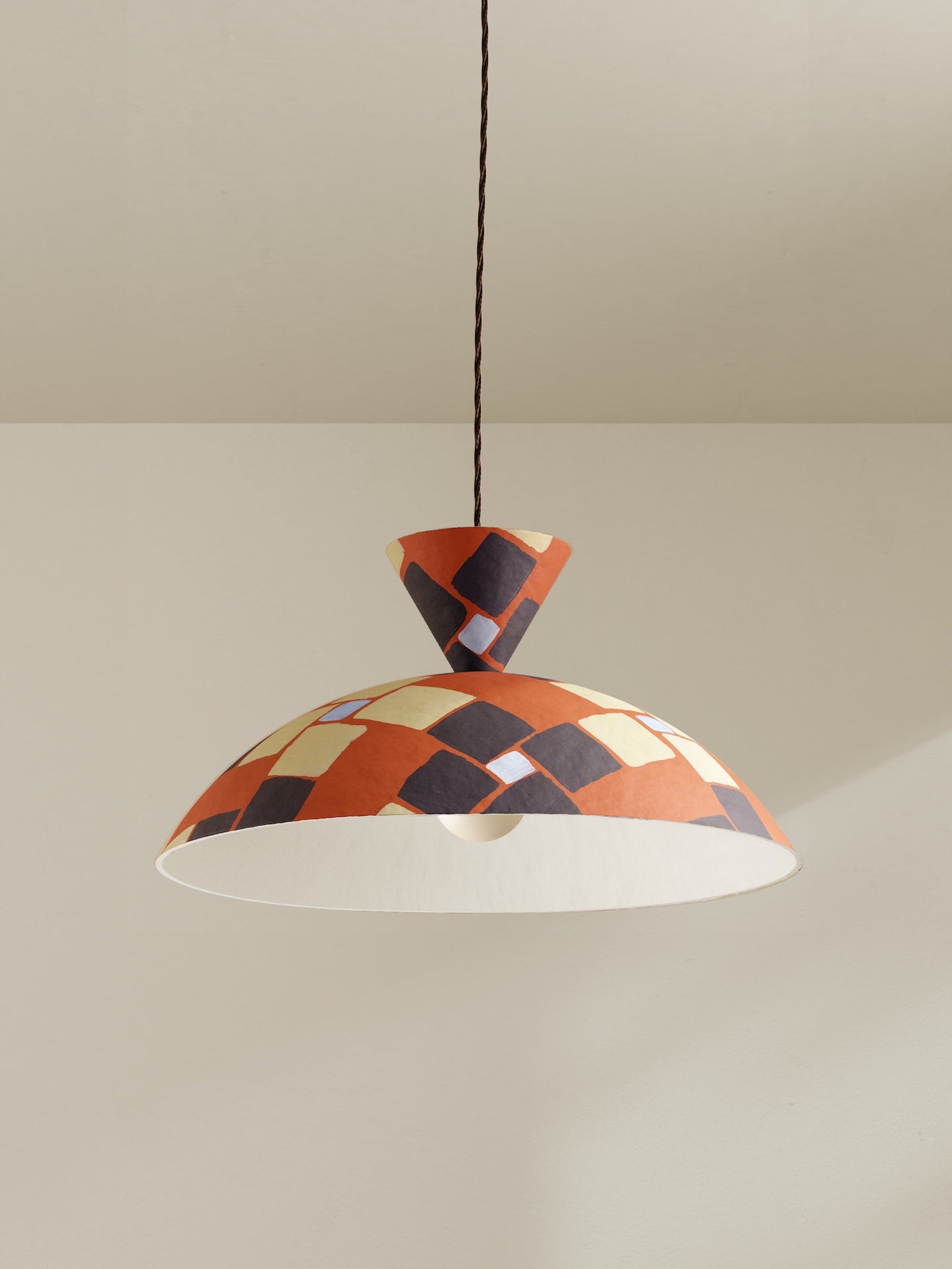 Cloche pendant, wide domed ceiling light made of paper pulp, hand-painted in orange/red mosaic Frieze pattern