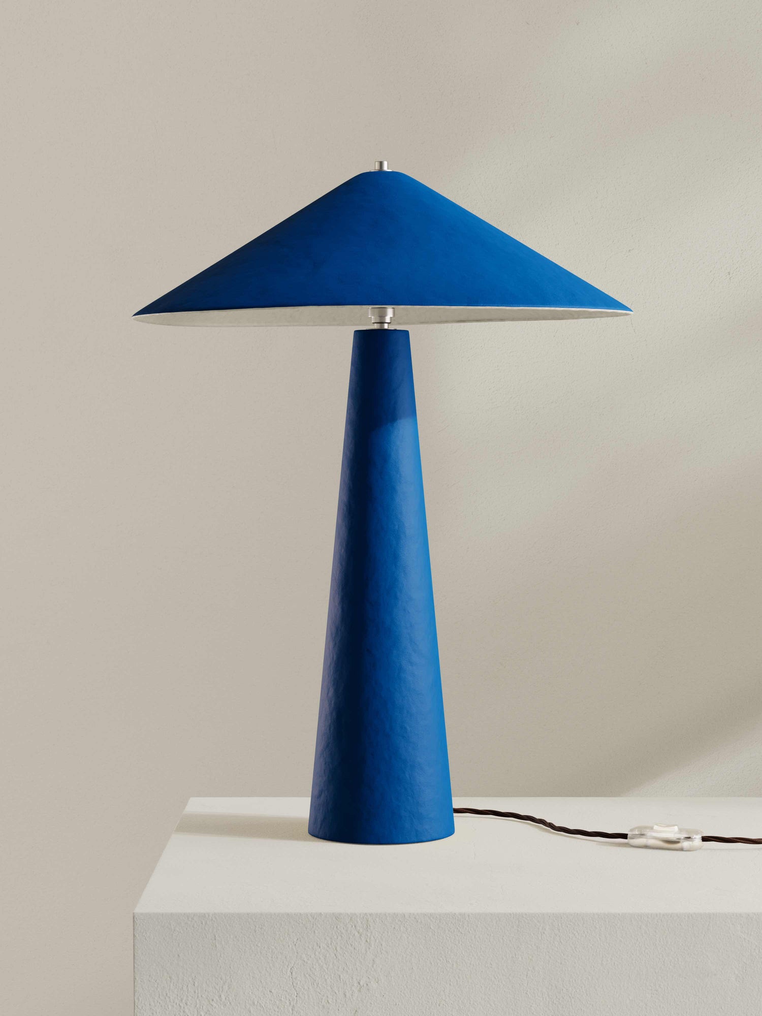Parasol table lamp made for 8 Holland Street, crafted from hand-painted paper pulp in azure blue.