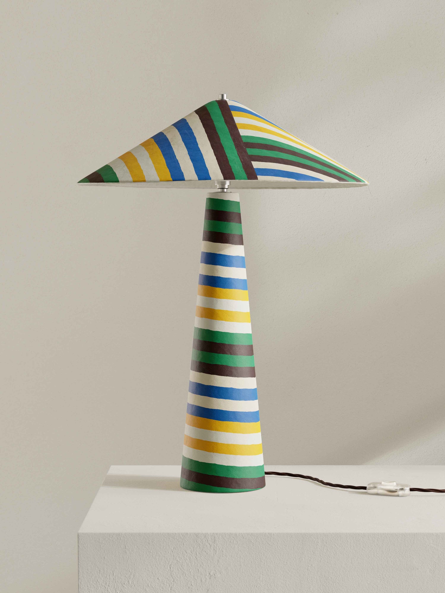 Parasol table lamp in Bonbon pattern of multi directional, multi-coloured stripes made for 8 Holland Street